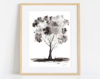 Black and White Abstract Tree Painting, Giclee Print from Original Watercolour Artwork, Modern Art for Wall Hangings, Living Room Decor