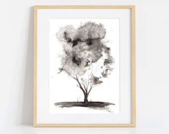 Tree Painting in Black and White, Fine Art Print from Original Watercolour Artwork, Large Wall Hangings, Living Room Decor