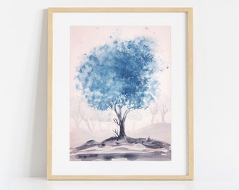 Tree Painting in Blue, Print of Original Watercolour Artwork, Soft Pink Pastel Poster Print Nature Wall Art, Large Home Decor Wall Hanging,