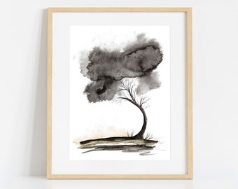 Abstract Tree Picture, Poster Print of Original Watercolour Painting, Large Abstract Wall Art, Rustic Home Decor, Black and White