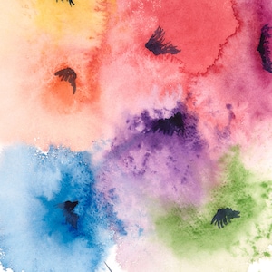 May include: Abstract watercolor painting with splashes of yellow, orange, red, purple, blue and green. The painting features black silhouettes of birds.