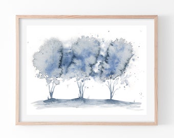 Watercolour Painting in Blue, Print of Original Trees Painting, Poster Print Nature Wall Art, Large Home Decor Wall Hanging, Abstract Art