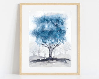 May include: A watercolor painting of a blue tree with a gray background. The tree is in the center of the painting and is surrounded by smaller trees.