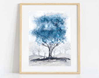 Painting in Blue and Grey, Print of Original Watercolour Tree Painting, Poster Print Nature Wall Art, Large Home Decor Wall Hanging