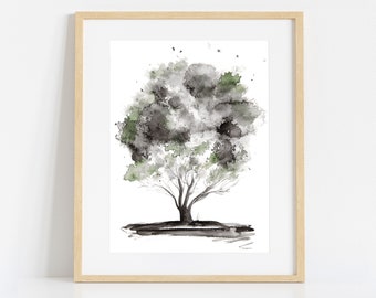 Black and White Picture with Green Shades, Print of Original Watercolour Tree Painting, Poster Print Nature Wall Art, Large Home Wall Decor