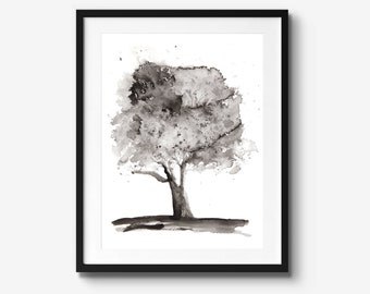 Black and White Abstract Tree Painting, Giclee Print from Original Watercolour Artwork, Modern Art for Wall Hangings, Living Room Decor