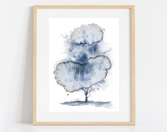 Blue Coloured Poster Print, Navy Watercolour Abstract Fine Art Print, Original Tree Wall Art, Landscape Large Wall Hanging, Nature Prints