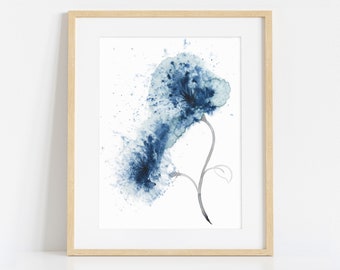 Print of Original Flower Painting in Blue, Floral Navy Watercolour Art Prints, Dark Blue Large Wall Art Home Decor, Abstract Modern Art