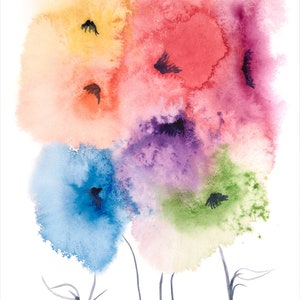 May include: Watercolor painting of five abstract flowers in shades of yellow, red, purple, blue, and green. The flowers are painted in a loose, impressionistic style, with soft edges and flowing lines.