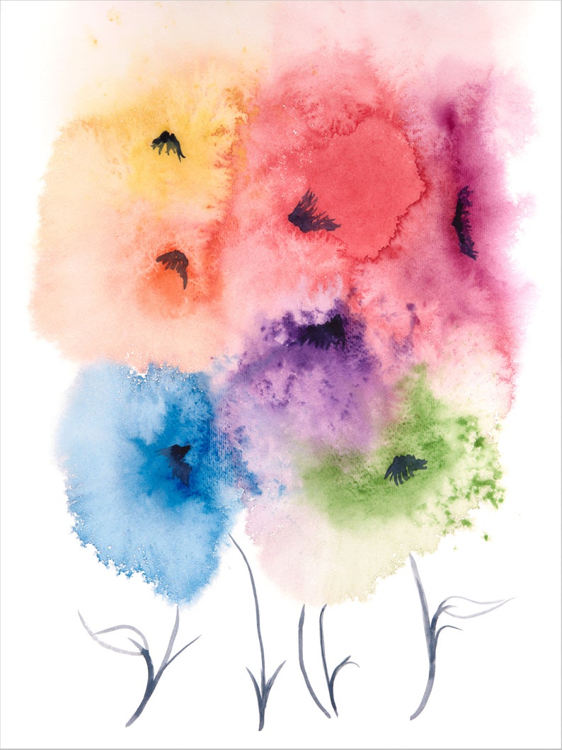 May include: Watercolor painting of five abstract flowers in shades of yellow, red, purple, blue, and green. The flowers are painted in a loose, impressionistic style, with soft edges and flowing lines.
