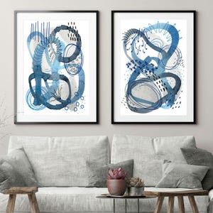 Blue Abstract Watercolor Art Prints: Modern Wall Decor, Set of 2