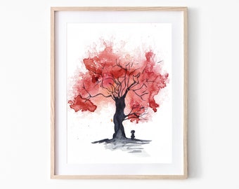 Dog Under A Tree Painting, Red Abstract Art Print, Animal Lovers Artwork, Colourful Wall Hanging, Large Watercolour Picture, Art For Walls