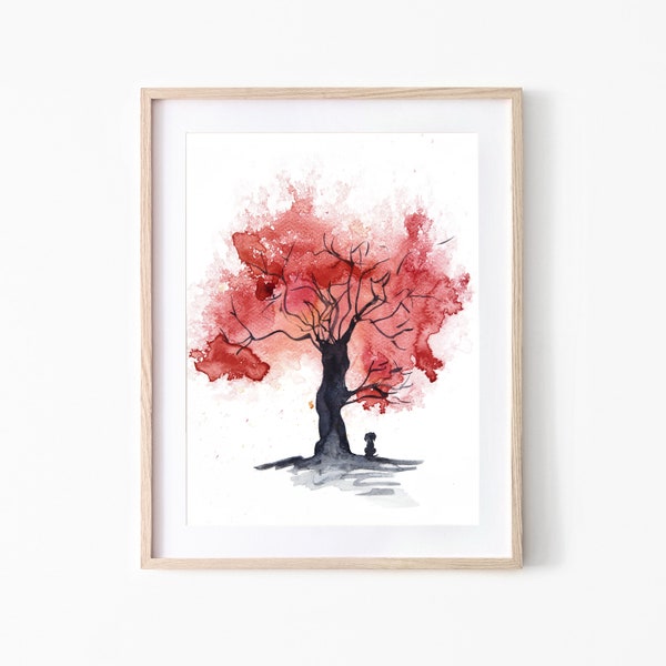 Dog Under A Tree Painting, Red Abstract Art Print, Animal Lovers Artwork, Colourful Wall Hanging, Large Watercolour Picture, Art For Walls