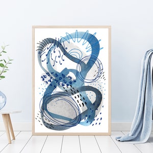 Póster con formas abstractas en azul y gris, impresión artística con patrones modernos, arte mural grande en azul marino, decoración para sala de estar, obra de arte vertical