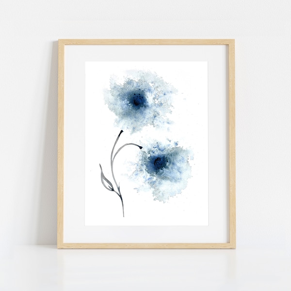Flower Painting Print of Original Artwork in Blue, Abstract Floral Navy Watercolour Art Prints, Dark Blue Large Wall Art Home decor