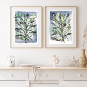 Lot de 2 tirages d'oeuvres d'art bleus, photos botaniques originales, sans cadre, art mural vert, grande affiche d'impressions, feuilles de la nature, art abstrait