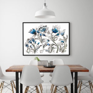 Blaue Blumen Druck, Fine Art Floral Linie Zeichnung, Große Abstrakte Kunst, Schlafzimmer Poster von Blumen, Vertikale Wandbehang, Blau Wohnkultur