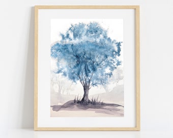 Tree Painting in Blue, Print of Original Watercolour Artwork, Navy Poster Print Nature Wall Art, Large Home Decor Wall Hanging
