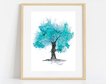 Abstract Tree Painting Blue Green, Aqua Giclee Print from Original Watercolour Artwork, Teal Modern Art for Wall Hangings, Living Room Decor
