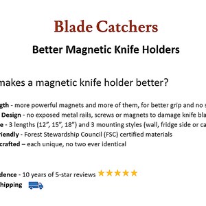 Puede incluir: Anuncio basado en texto para los portacuchillos magn&eacute;ticos Blade Catchers. El texto destaca caracter&iacute;sticas como imanes fuertes, buen dise&ntilde;o y materiales ecol&oacute;gicos. Tambi&eacute;n menciona una elecci&oacute;n de longitudes.