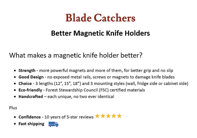 Puede incluir: Anuncio basado en texto para los portacuchillos magn&eacute;ticos Blade Catchers. El texto destaca caracter&iacute;sticas como imanes fuertes, buen dise&ntilde;o y materiales ecol&oacute;gicos. Tambi&eacute;n menciona una elecci&oacute;n de longitudes.