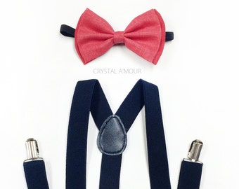 NAVY Blue suspenders, Coral red bowtie, Mens suspenders and bowtie, Coral bow tie and navy blue suspenders, Groomsmen Gift