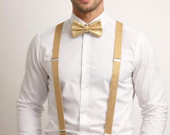 Złote podwiązki i muszka, szelki męskie, miękkie złote podwiązki, złote podwiązki, zestaw złotych podwiązek, złota muszka, złote podwiązki, złoty