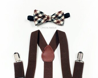 Bretelle marroni per bambini, set papillon a quadri vintage