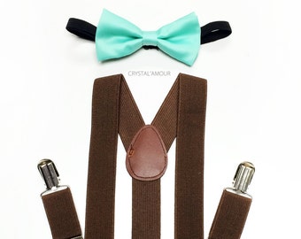 Bretelle marroni per bambini, set con papillon color menta