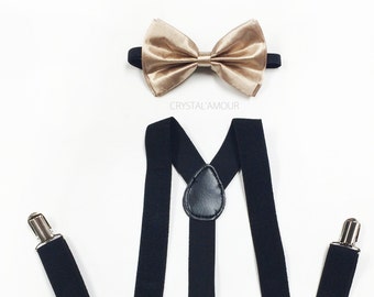 men's suspenders, BLACK suspenders, mens bow tie, champagne bowtie, bowtie and suspenders, black suspender, suspenders and bowtie