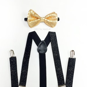 black suspenders, gold bowtie, black suspenders set, gold bowtie set, gold sequin bowtie, black glitter suspenders, mens suspenders