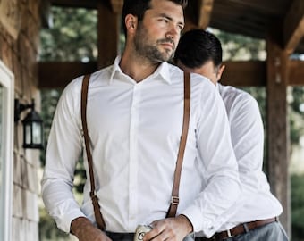 Brown Vegan Leather Suspenders, Adjustable Adult Braces