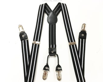Men's Suspenders, black suspenders, white strips, black suspenders with white stripes, black and white stripes, black and white suspenders