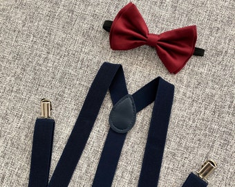 Burgundy Bow Tie and Navy Suspenders Set, Wedding Outfit