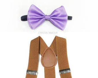 Set di bretelle marrone chiaro e papillon glicine per bambini
