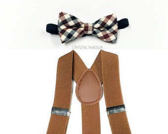 Bretelle marroni per bambini, set papillon a quadri vintage
