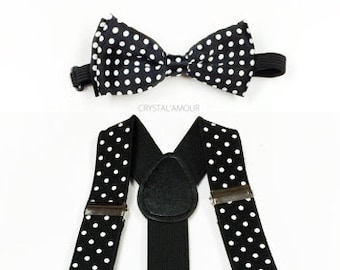 baby boy clothes, toddler bowtie and suspenders, black toddler bow tie and suspenders set, polka dot suspenders, black polka dot set