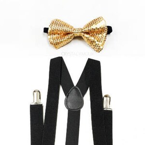Gold sequin bow tie, Black Suspenders, Men&#39;s Suspenders, Gold bow tie black suspenders, Men&#39;s black suspenders, Gold black, Black and Gold