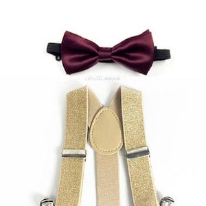 Toddler's Burgundy Bow Tie, Soft Gold Suspenders, Burgundy Bowtie, Gold and burgundy, Burgundy and Gold, Ring Bearer, Soft Gold Suspenders