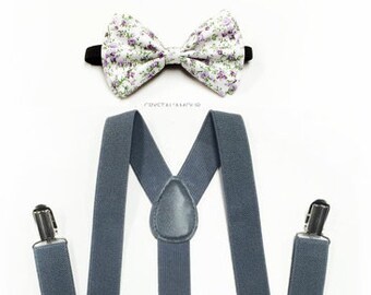 bow tie and suspenders, floral bowtie, lavender flowers, lavender floral bow tie, gray suspenders, wedding party bow ties and suspenders