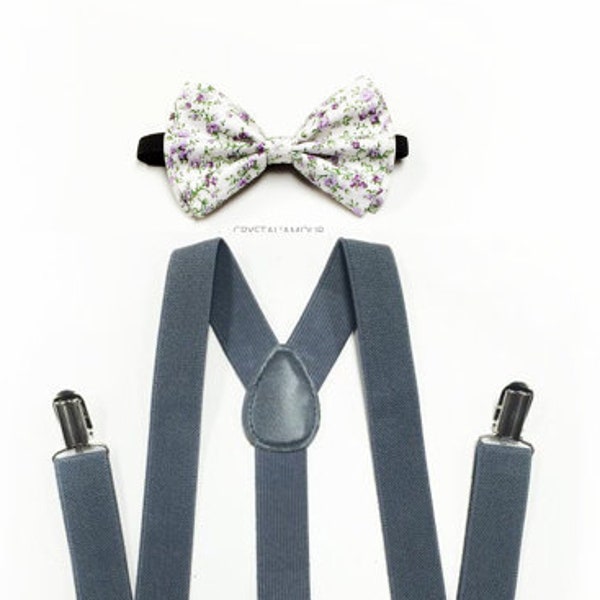 bow tie and suspenders, floral bowtie, lavender flowers, lavender floral bow tie, gray suspenders, wedding party bow ties and suspenders