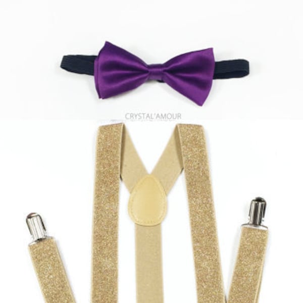 KID's Purple Bowtie, Soft Gold Glitter Suspenders, Light Gold suspenders, gold suspenders, royal purple bowtie, for children ages 3-5 years