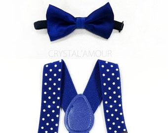 toddler's royal blue bow tie and suspenders, royal blue toddler bowtie suspenders, weddings, polka dots, polka dot suspenders