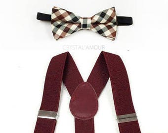 toddler's bow tie and suspenders, kid's suspenders and bow tie set, boys burgundy suspenders, plaid bow tie, burgundy plaid, ring bearer