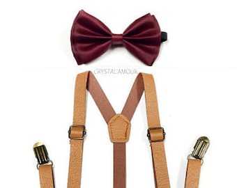 Tirantes de cuero, Tirantes para hombre, Pajarita BURGUNDY, pajarita, bronceado y burdeos, tirantes de cuero tostado, tirantes de cuero para hombre, pajarita