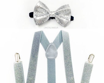 silver bowtie and suspenders set, silver sequin bow tie, white silver glitter suspenders, suspenders set, men's suspenders, children 4+