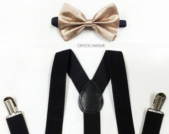 boys suspenders, champagne bowtie, soft gold bowtie, black suspenders, toddler suspenders, boy suspenders, suspenders, black suspenders