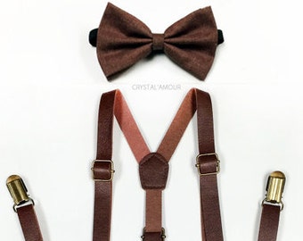 Brown Suspenders, Brown BURLAP Bowtie, brown bow tie, brown leather suspenders, bowtie set, Men's and Children's Set