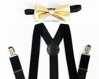 Boy's black suspenders, light gold bow tie, gold suspenders, soft gold suspenders, ring bearer, baby boy coming home outfit, black and gold