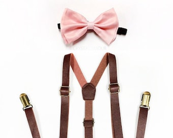 Bow tie Suspenders, leather Suspenders, blush bow tie, pink bowtie, Bowtie, brown leather suspenders, Men's Suspenders, Blush and Brown